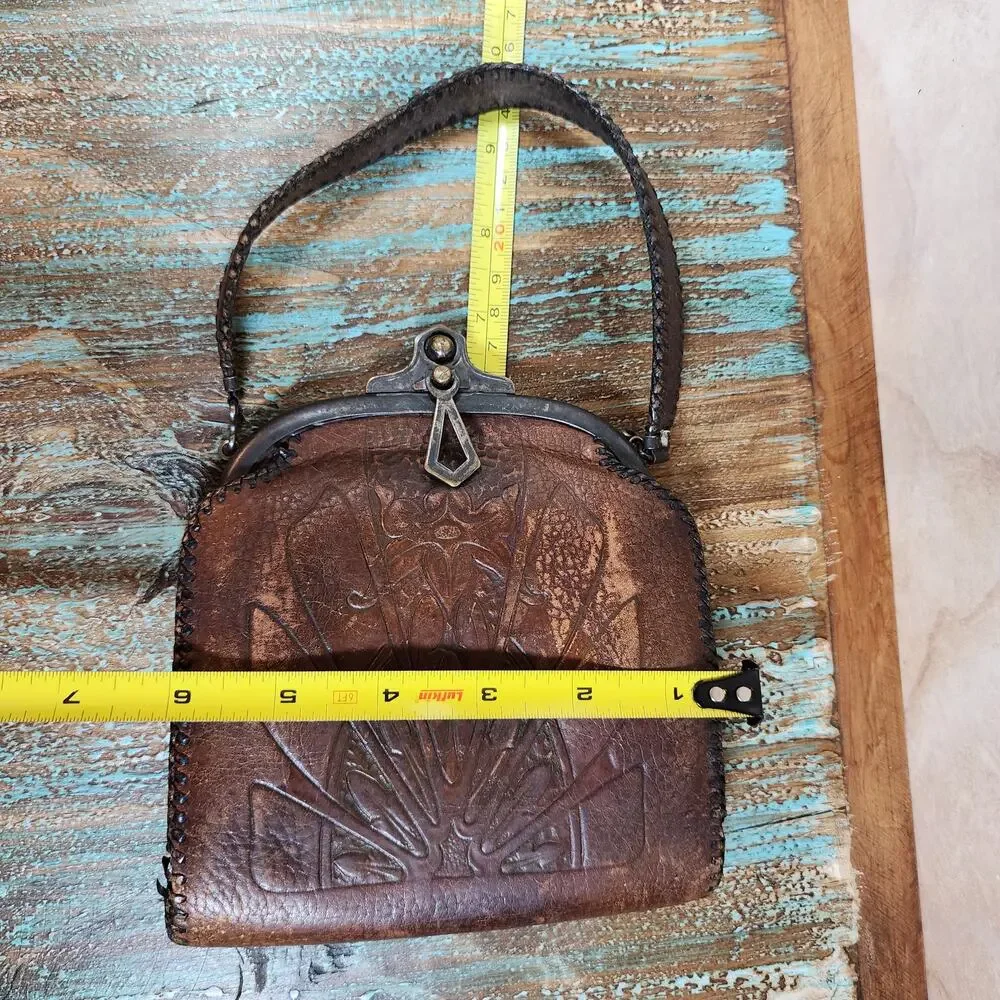 Vintage Leather Purse 1930s Hand Tooled Leaf Scroll Metal Clasp Brown Satchel